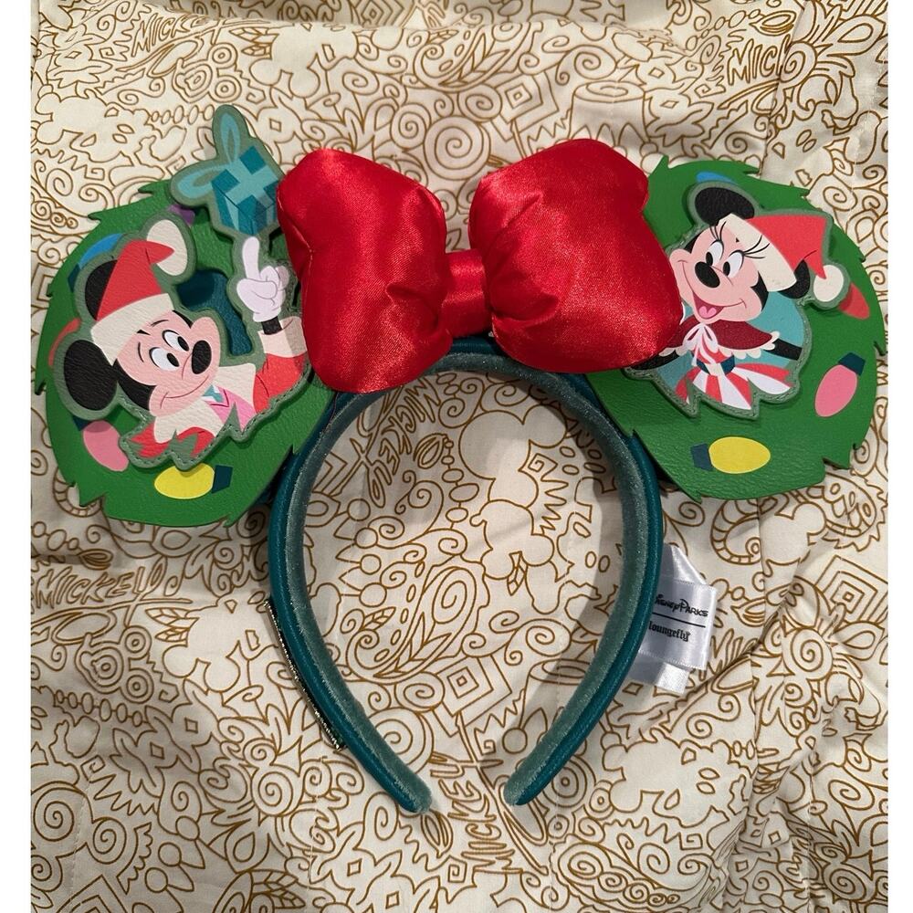 Disney Parks Loungefly Mickey Minnie Mouse Glow Christmas Wreath Ear Headband